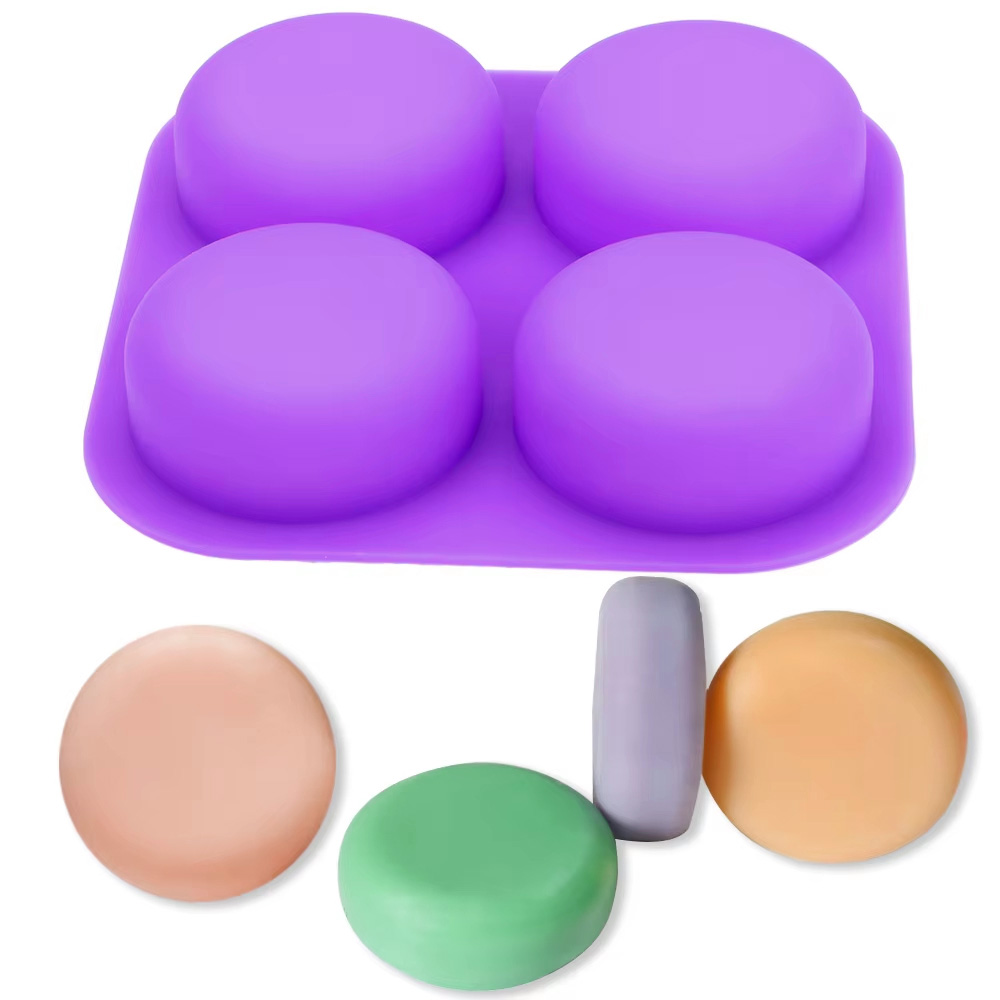 Soap Making Diy - 1-2個入り 4つの空洞を持つ再利用可能な丸型シリコン石鹸型トレイ DIY手作りクラフト用型 石鹸作りやケーキデコレーションツール用